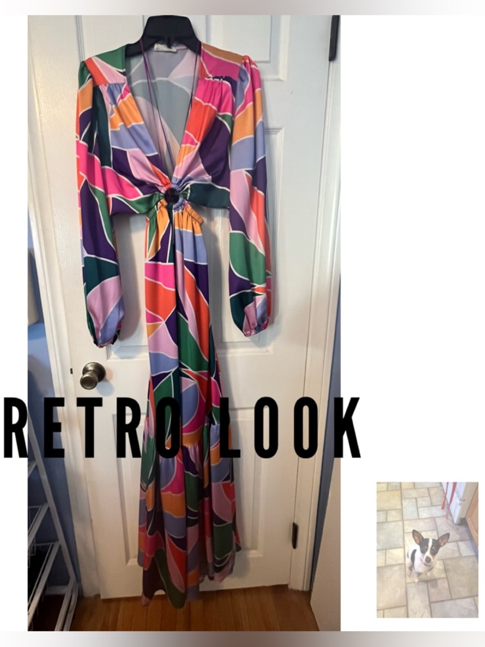 Retro Look Maxi Dress With Open Midriff and Deep V Plunge; Sz M